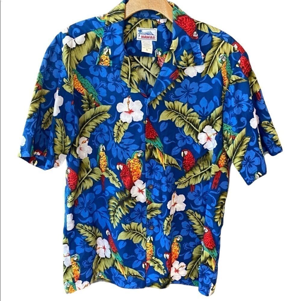 Hawaii M Unisex Blue Palms Parrot Short Sleeve Button Front Hawaiian Shirt